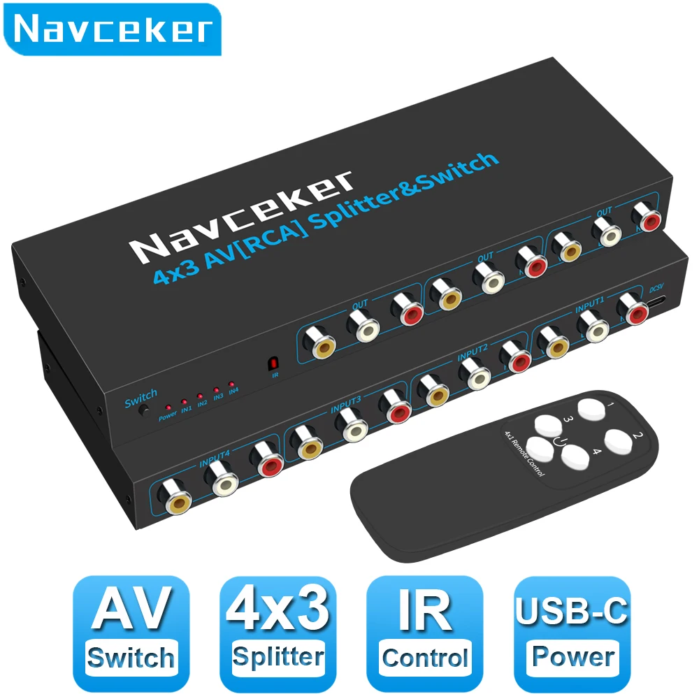 4 Ports AV Signal Inputs Composite RCA AV Switcher Splitter Audio Video Selector Switch for STB DVD Television Game Player