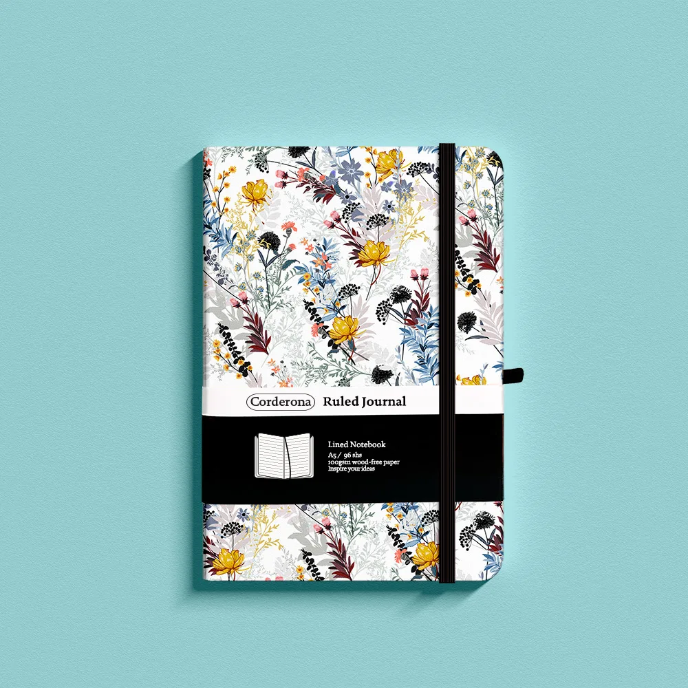 Floral Lined Notebook Elastic Band Pen Loop Back Pocket 100gsm A5 Hard Cover Ruled Journal
