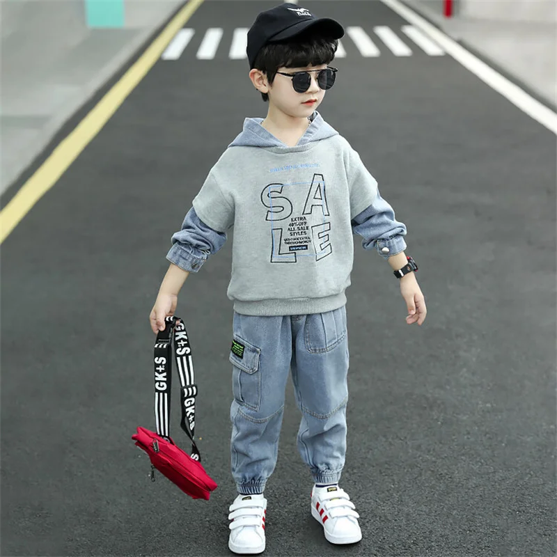 Boys Suit Sweatshirts +Pants Cotton 2Pcs/Sets 2022 Grey Spring Autumn Thicken Kid Sportswear Teenagers Jogging Suit Children Clo