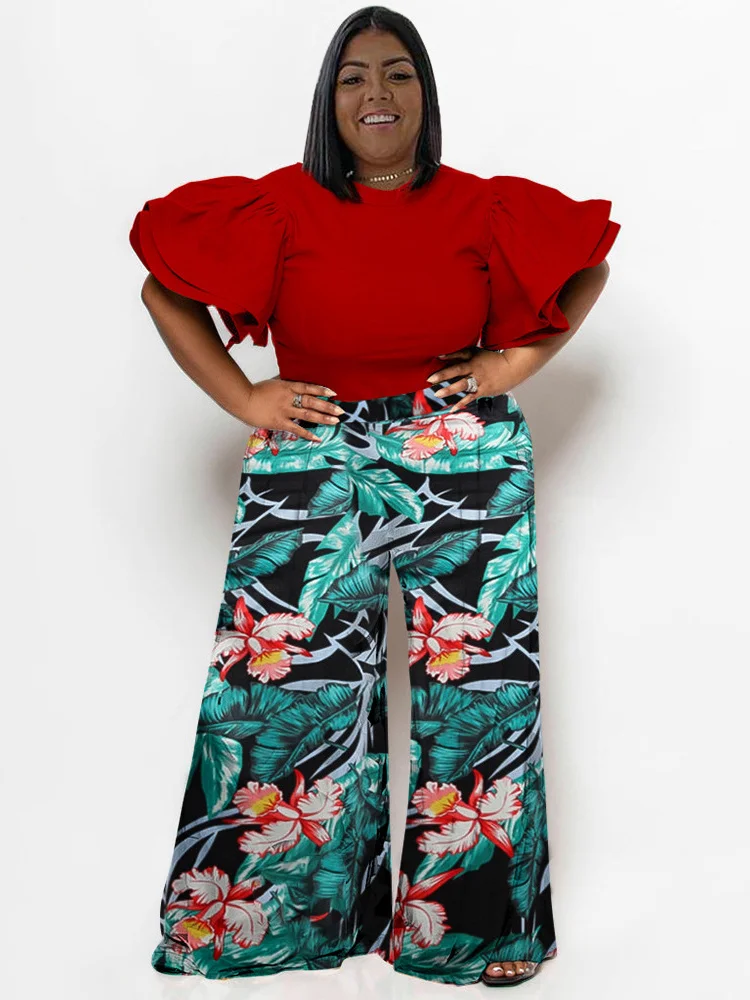 Plus Size New in Matching Sets Two Piece Outfits Summer Clothes Solid Shirts Tops and Print Pants Whol 3xl 4xl 5xl 6xl