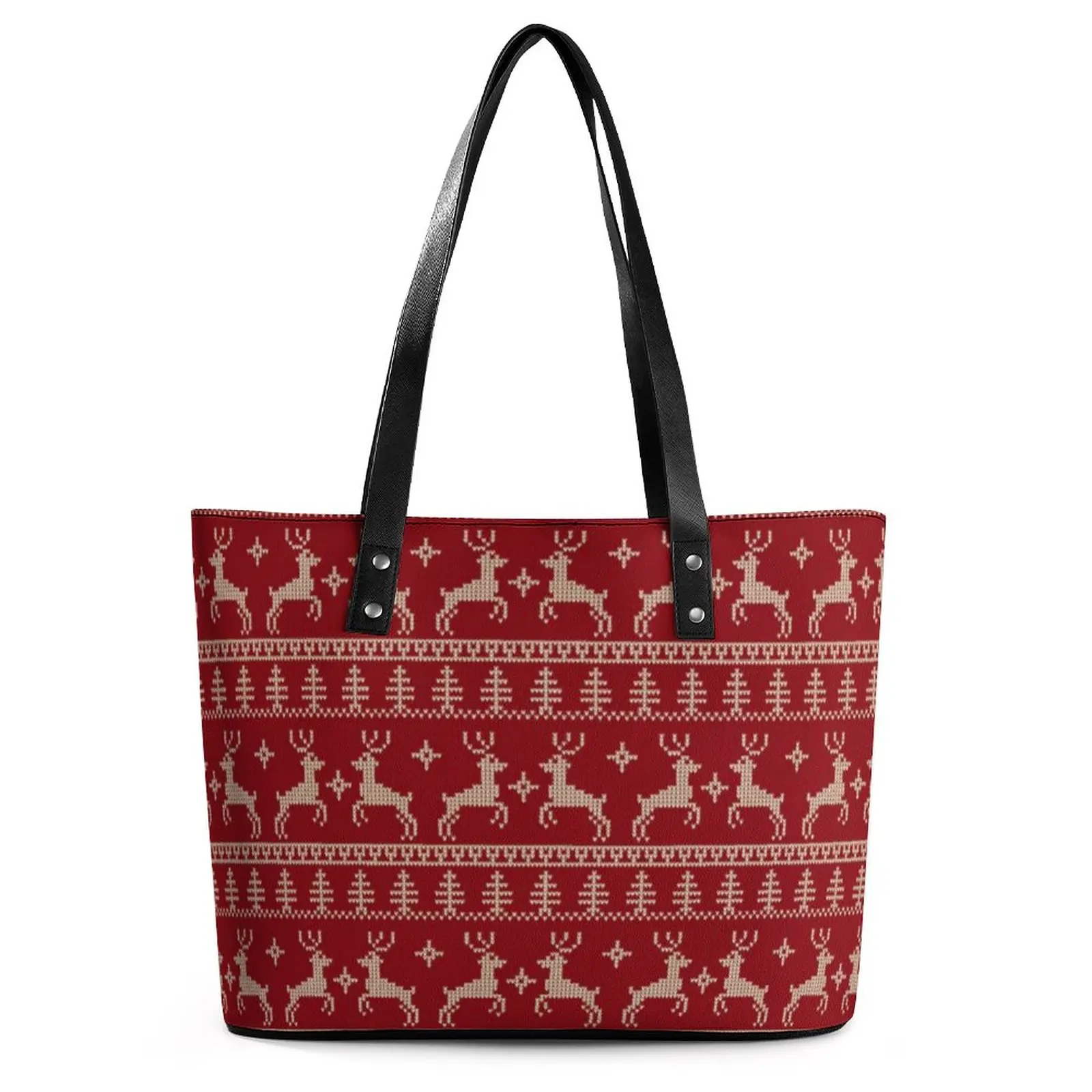

Christmas Nordic Animal Handbags Fair Isle Red Deer Work Tote Bag Streetwear Shoulder Bag Graphic Design PU Leather Shopper Bags