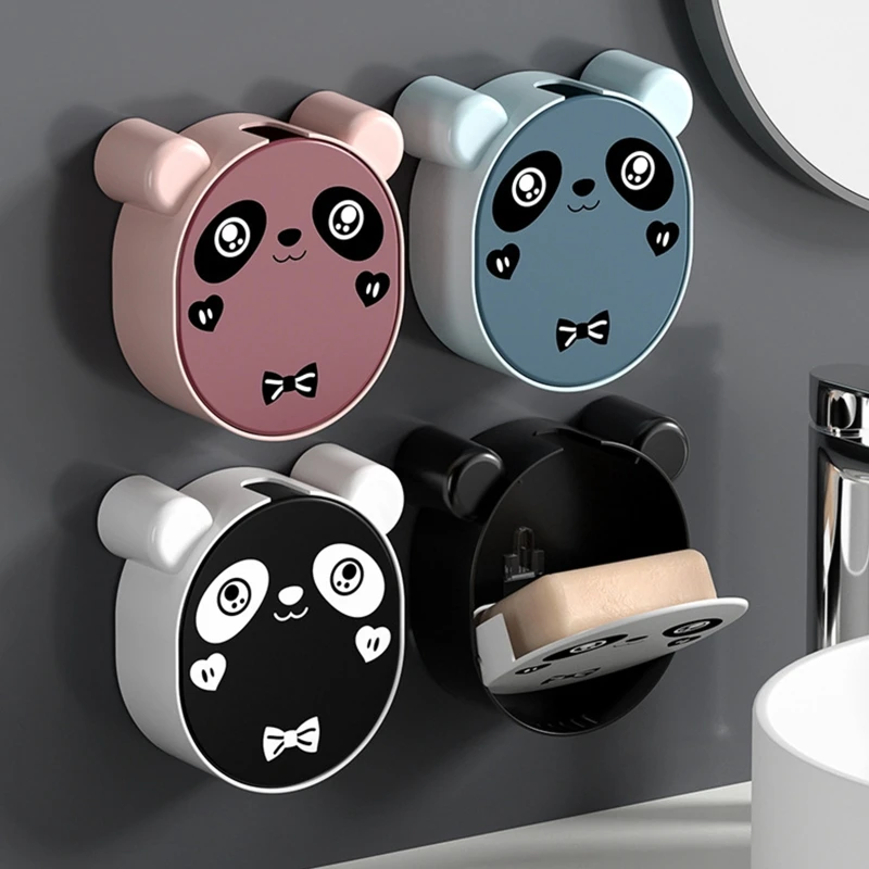 

M17D Cartoon Panda Soap Dish Wall-mounted Drain Soap Rack Flip Lid Drain Soap Box Self Draining Soap Saver for Bathroom