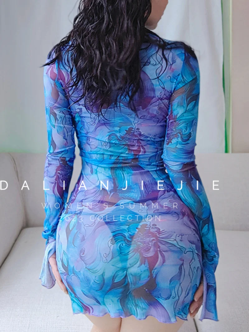 

Lace WOMENGAGA Mesh Print Tie-dye Transparent Thin Summer Mini Dress Flare Sleeve Hot Sexy Korean Women Dresses 2023 Sweet 7XDI