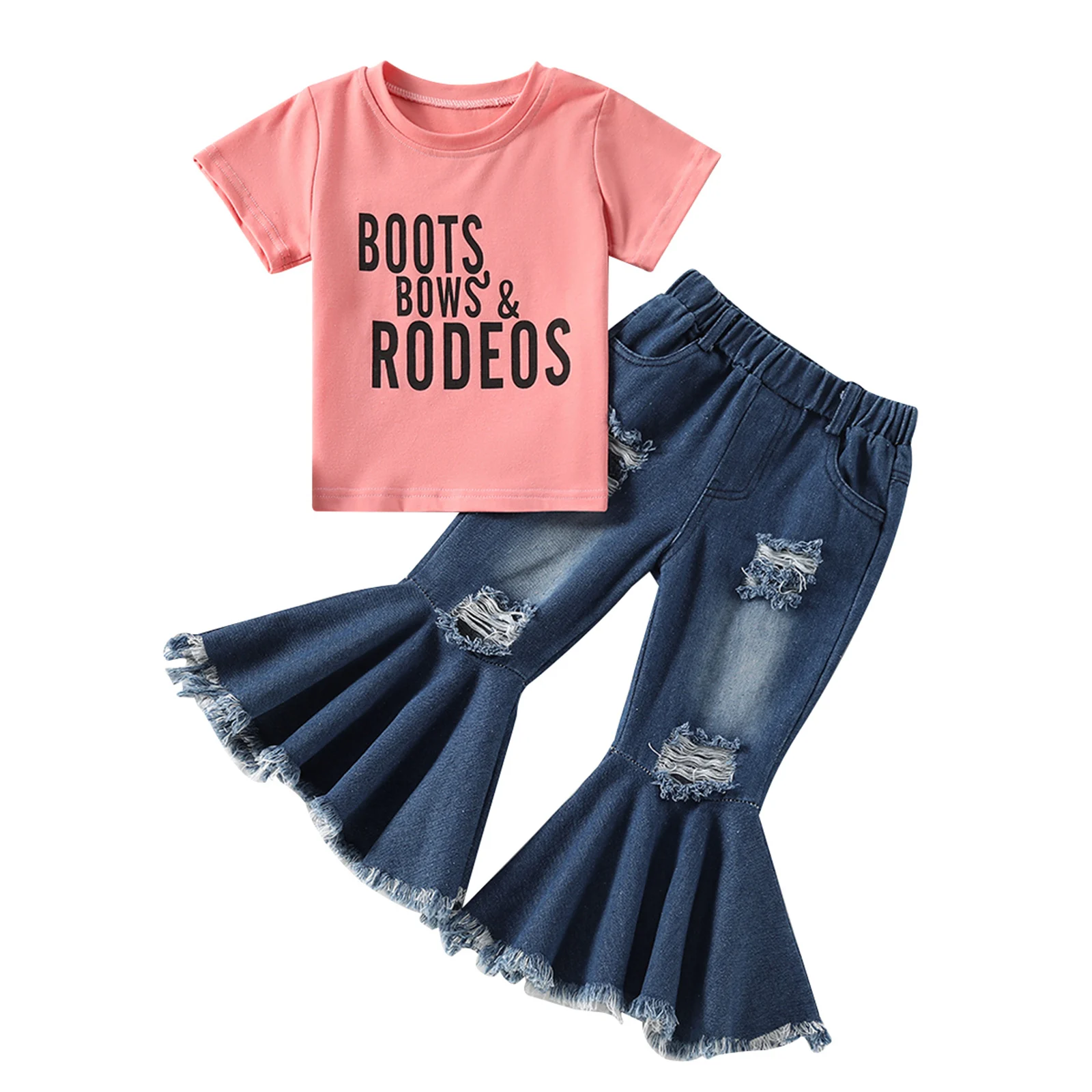 

Джинсы с коротким рукавом и открытыми плечами для девочек, комплект с кружевной майкой, рваные длинные джинсы, летняя одежда