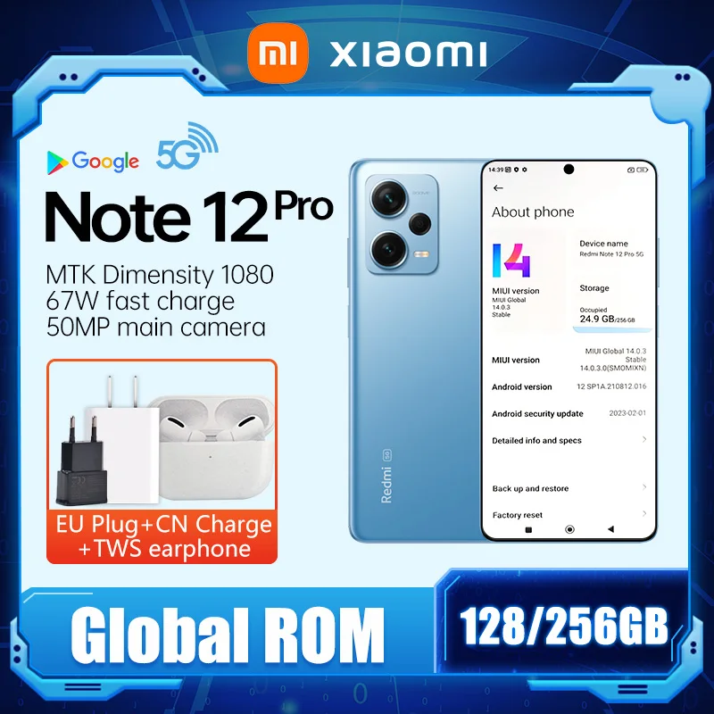 

Смартфон Xiaomi Redmi Note 12 Pro, телефон с глобальной прошивкой, Восьмиядерный процессор MTK Dimensity 1080, аккумулятор 5000 мАч, камера 50 МП, быстрая зарядка 67 Вт