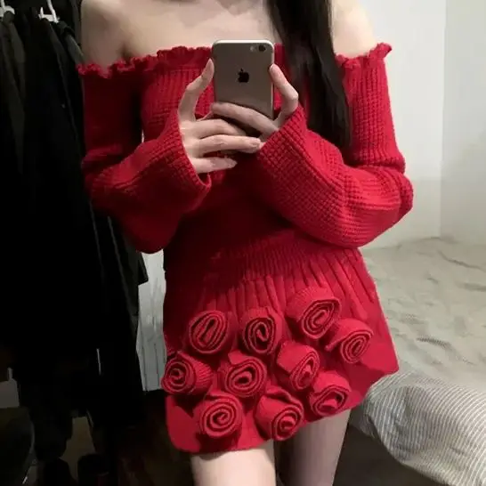 Рождественский вязаный комплект из двух предметов Y2k сексуальный женский