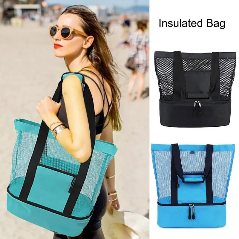 

Mesh Beach Bag Insulated Lunch Bag Camping Dual Compartment Picnic Cooler Bag Lightweight Folded Into A Mini Size Camping Bag