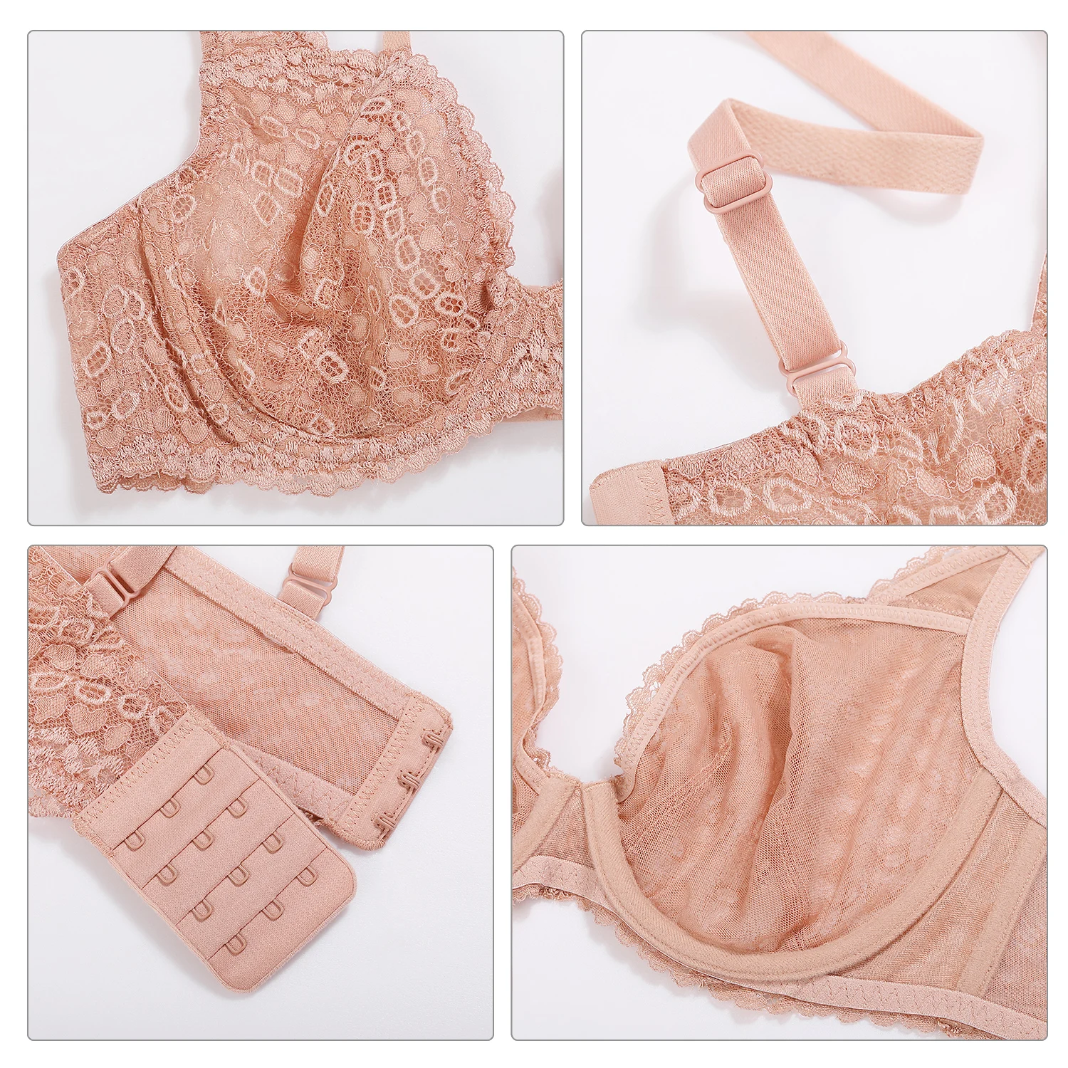 DOBREVA Women's Minimizer Floral Lace Bra Unlined Sheer Mesh Sexy Bralette Underwire Deep V Plunge Plus Size