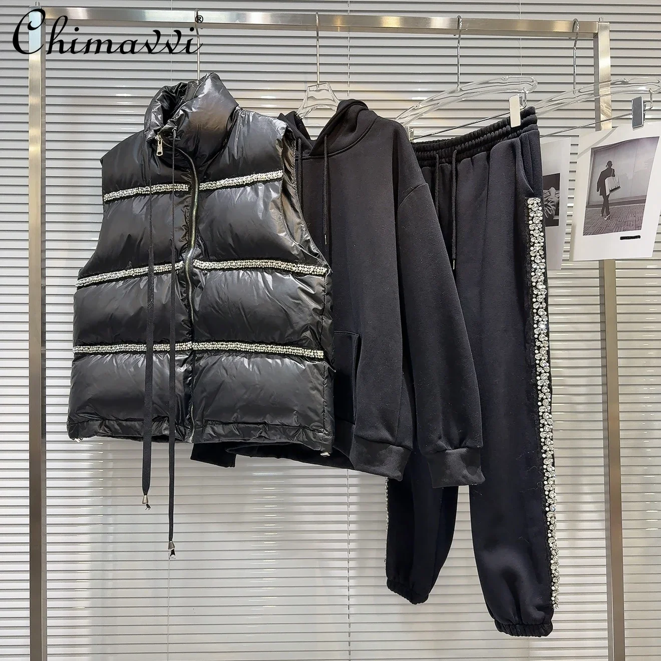 Новый зимний пуховый жилет с тяжелыми жемчужными бусинами толстовки капюшоном