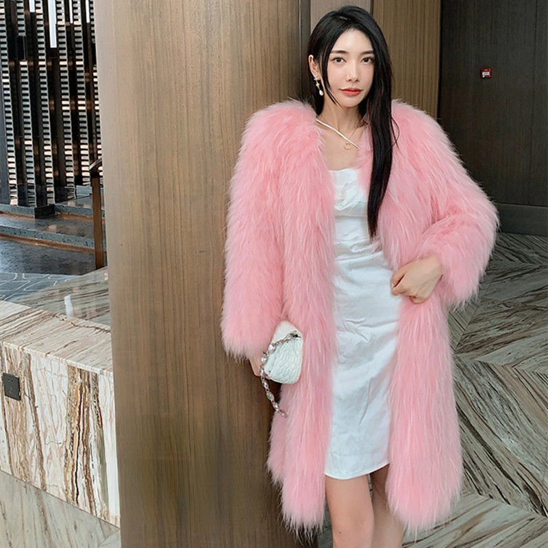 

Новинка 2022, Женское зимнее пальто из искусственного меха с V-образным вырезом и длинным рукавом, длинные меховые пальто, теплая Женская своб...