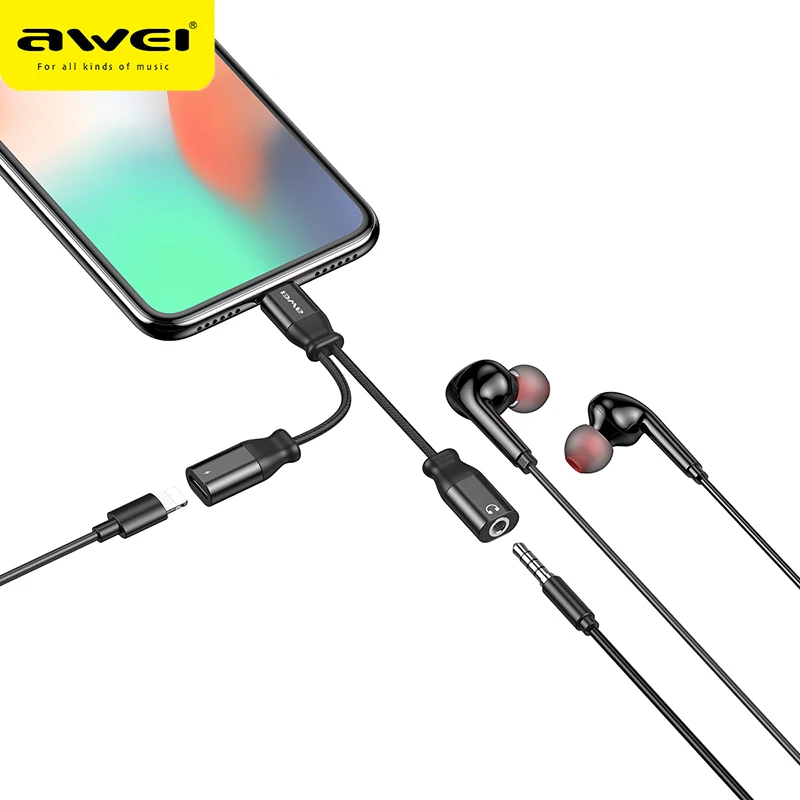 

Awei CL-73 iPhone Adapter 2A 3.5mm Audio INput Charging For Lightning Charging And Play Music Suitable for iPhone Black Color