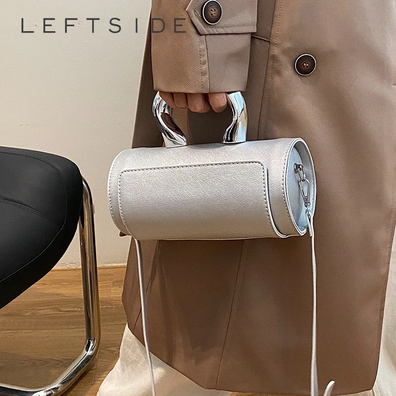 

LEFTSIDE Silver Short Handle PU Leather Crossbody Bag for Women Mini 2023 Korean Fashion Lady Y2k Cute Trend Handbags and Purse