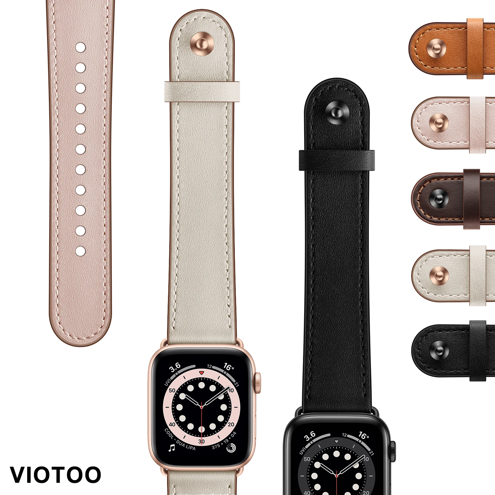 

VIOTOO Watch strap For Apple Watch series 7 6 SE 5 4 3 2 1 genuine grain leather band for iWatch black rose gold buck