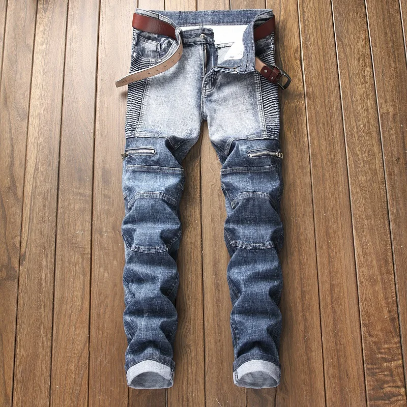 Streetwear Mens Jeans Street Fashion Trend Motorcycle Personality Folded Stretch Jeans Full Length Denim Pants Casual Trousers