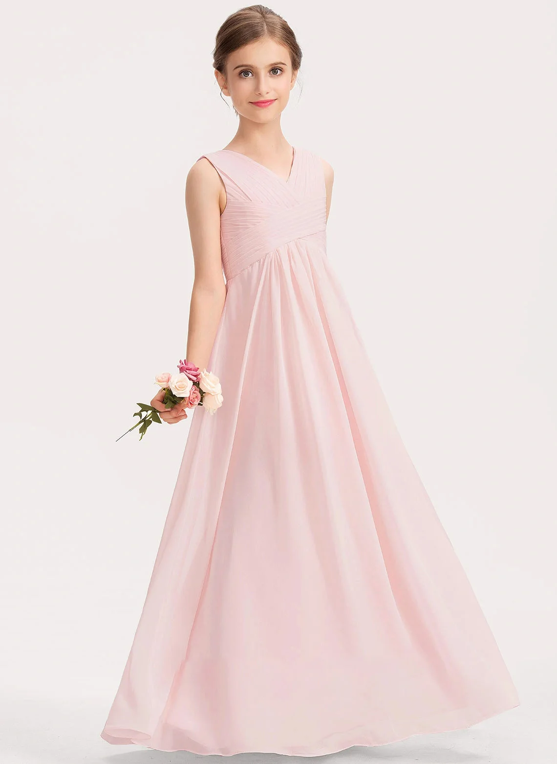 

YZYmanualroom Junior Bridesmaid Dress A line V Neck Floor Length Chiffon Pageant Evening Dresses