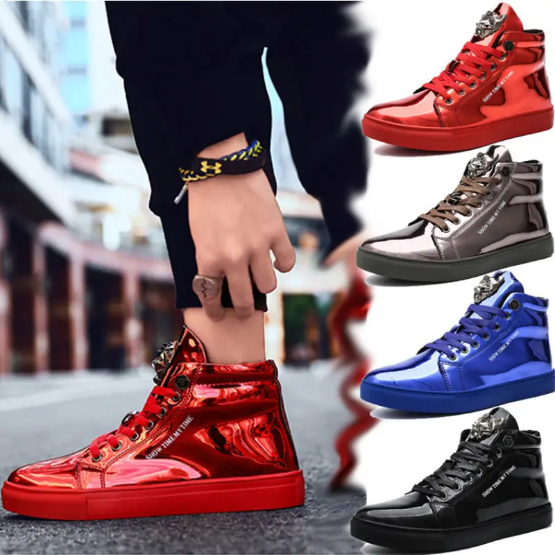 

High-Top Men's Shoes 2022 New Leather Skateboard Autumn Leisure Glossy Leather Shoes 47 plus Size 46 Red Fashion Shoes