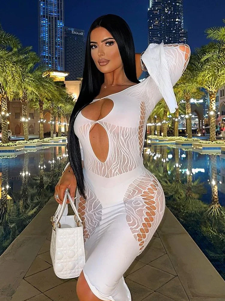

Sibybo Sexy Net Jacquard Perspective Summer Dress For Women Long Sleeve Hollow Out Mini Dress Femme Bodycon Night Party Vestidos