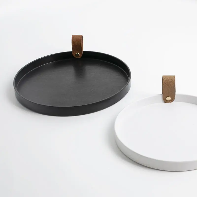 

Nordic White Round Plastic Leather Jewelry Tray Living Room Kitchen Table Ring Tray Storage Sofa Tray With Handle Decor
