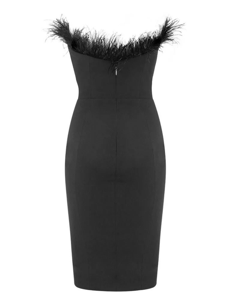 New Summer Sexy Strapless Backless Feather Black Midi Women Bodycon Bandage Dress 2022 Designer Fashion Party Club Dress Vestido