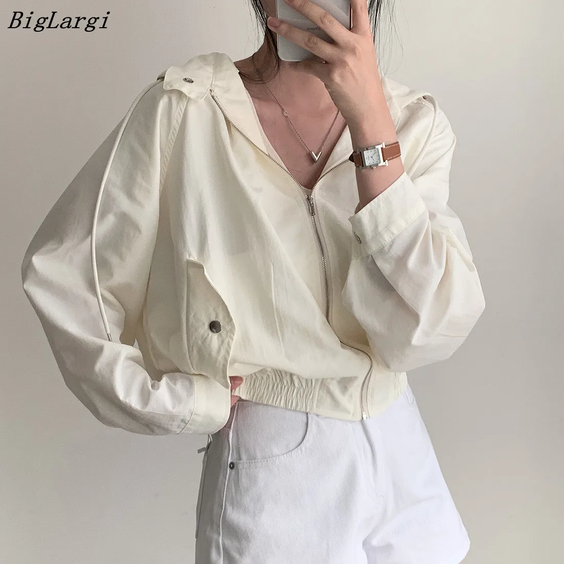 

Корейские шикарные однотонные свободные куртки с капюшоном, женские модные повседневные винтажные Хлопковые женские куртки, женская модель