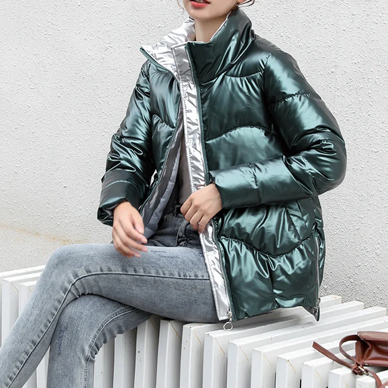 Korean Style Loose Stand-up Collar Cotton Jacket BF Long Sleeve Women's Clothing 2022 Winter Trend Glossy Thickened Short Jacket