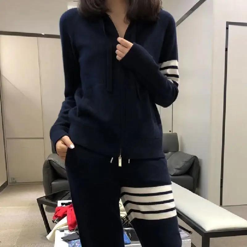 TB Cashmere Cardigans and trousers  Women Two piece set Loose Hooded Cardigans Classic High Quality Sweater Coat Two piece set