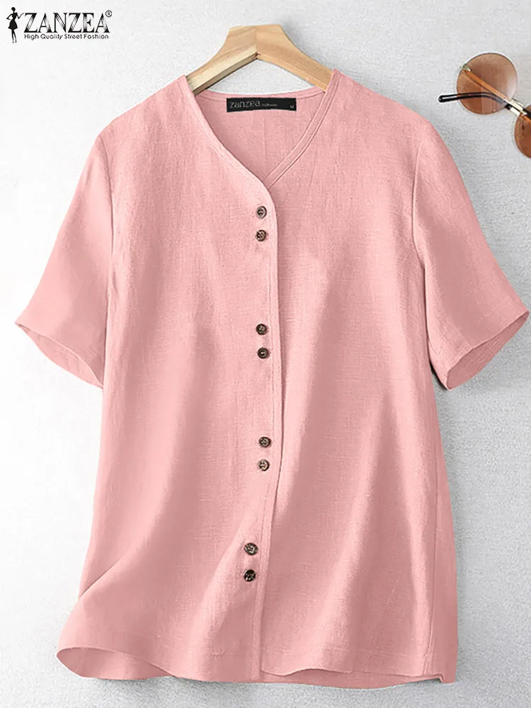 

Женская рубашка с коротким рукавом ZANZEA, Винтажная летняя блуза на пуговицах с v-образным вырезом, большие размеры, однотонные хлопковые блузы, повседневные свободные топы для работы