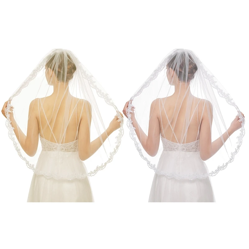 

L21E Wedding Veil with Comb Lace Appliques 1-Layer Fingertip Tulle Hair Accessories