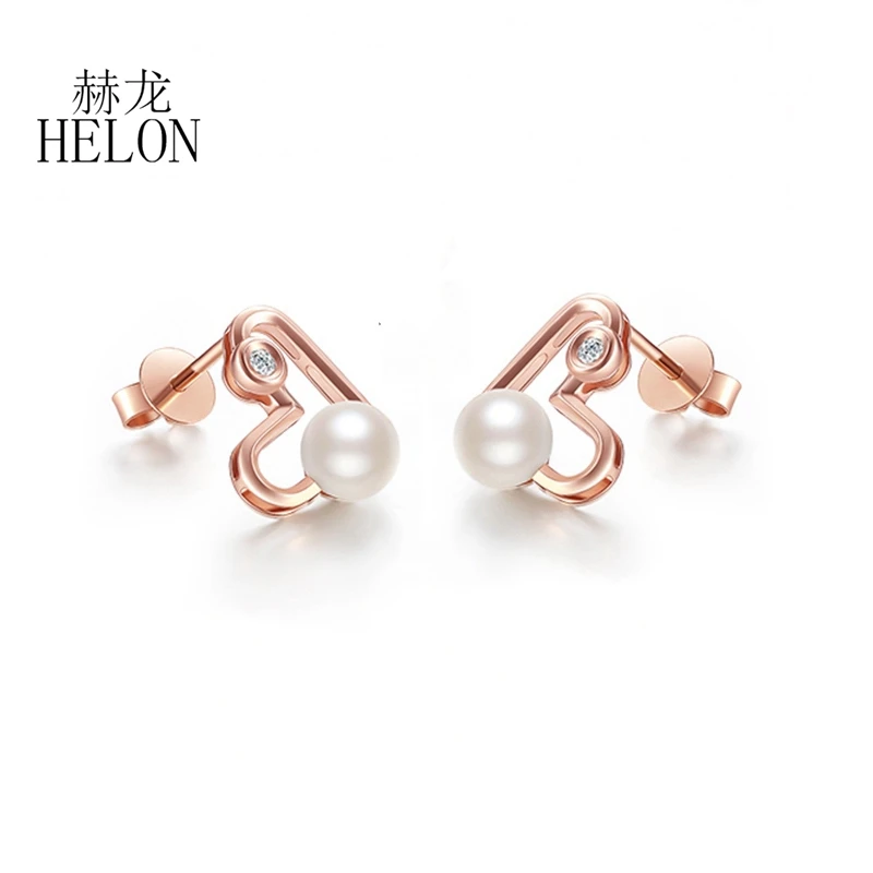 

HELON Moissanite Earring Solid 18K 14k 10k Rose Gold Genuine White FreshWater Pearl Stud Earrings Women Heart shaped Jewelry