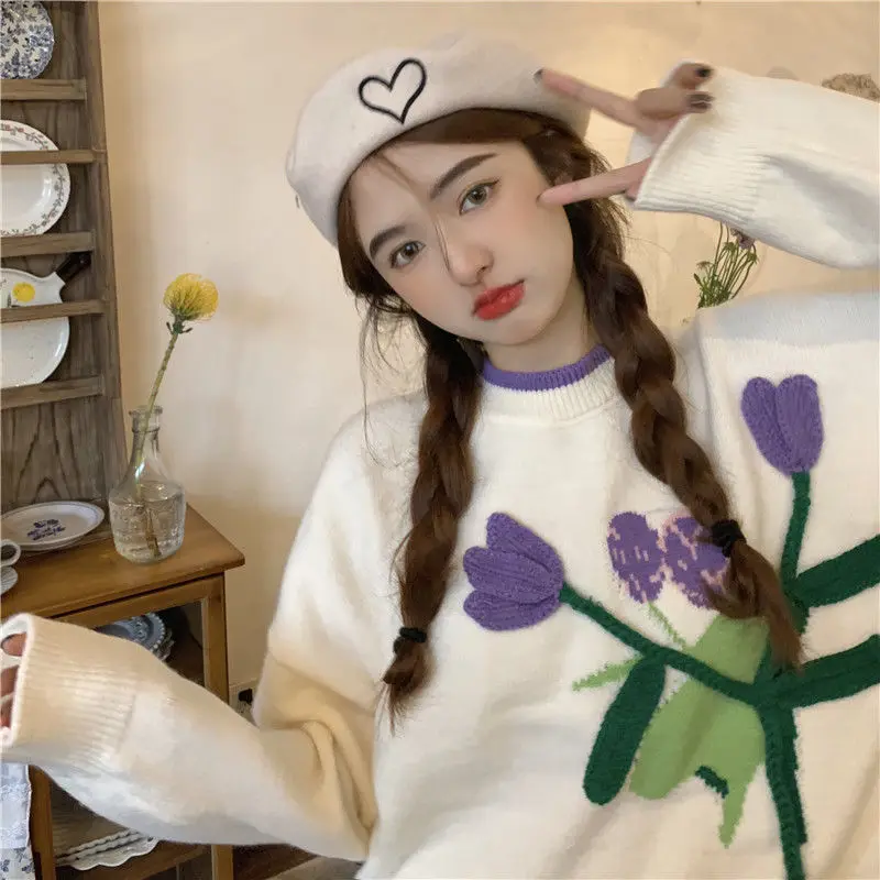 

2022 Autumn Winter Tulip Flower Hook Flower Craft Three-dimensional Flower Contrast Color Loose Thickened Knitted Sweater Women