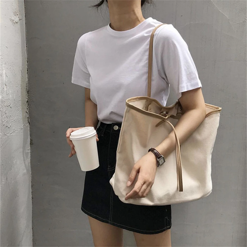 

Women's Canvas Shoulder Bag Large Capacity Simple Shopping Bags Reusable Students Cotton Cloth Handbags Fashion Tote For Girls