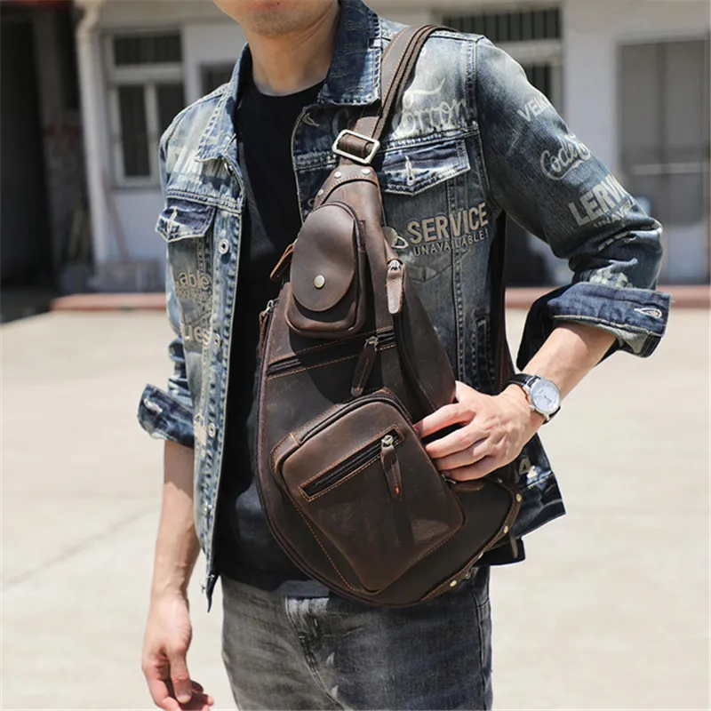 Retro fashion crazy horse leather chest bag men's large-capacity messenger bag casual sports one-shoulder bag cowhide backpack