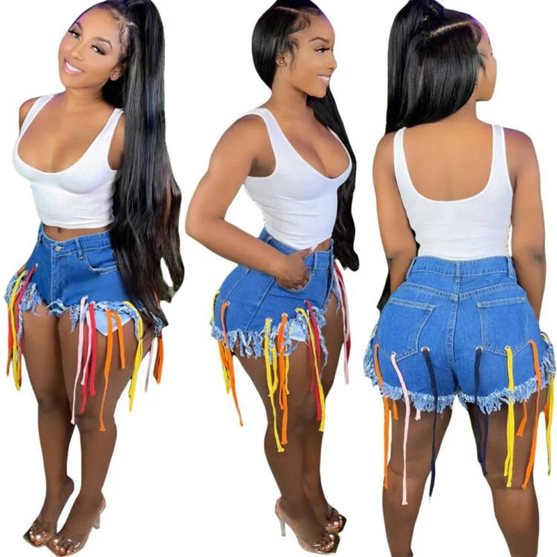 

Women Sexy Corns Colored Rope Tassel Denim Shorts