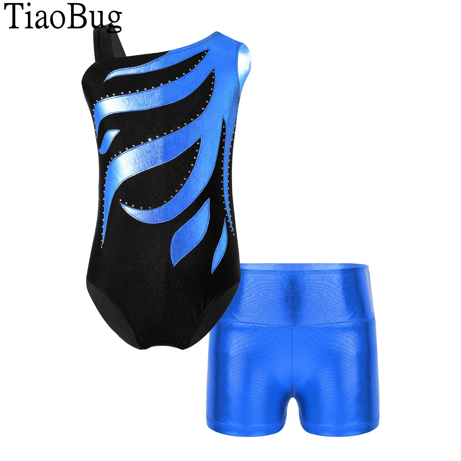 

Kid Girls Shiny Rhinestones Decorated Dance Set Patchwork Leotard with Metallic Shorts for Dance Gymnastics Workout Performance