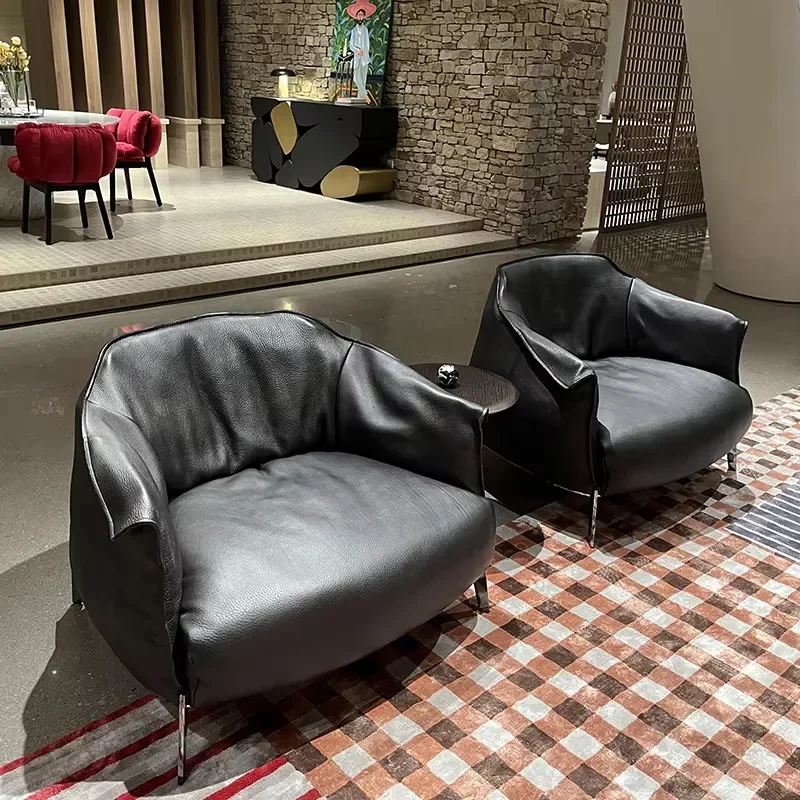 Фото Кожаное кресло-реклайнер OKF Black Modern из натуральной кожи для отелей, спален, гостиных, акцентная мебель для дома №1