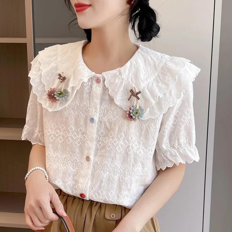

Summer Mori Girl Sweet New Embroidery Bows Cherry Lace Shirt Women Clothing Peter Pan Collar Short Sleeved Female Blouse U038