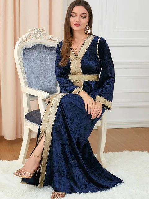 Muslim Dress Women Autumn Winter Velvet Long Sleeve Button Tape Trim Belted Kaftan Split Hem Party Dresses Turkey Abaya New 2022