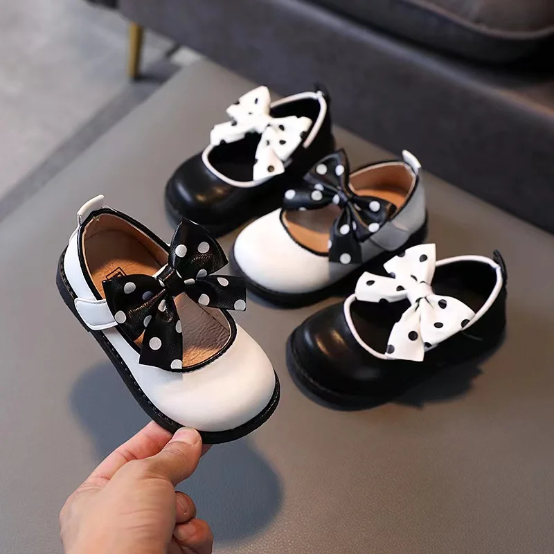 Congme Baby Girls Leather Shoes Kids Bow Flat Shoes Korean Black White Cute Princess Shoes Dress Shoes