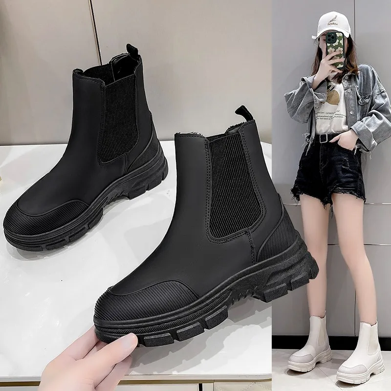 Chelsea Boots Chunky Boots Women Winter Shoes Cow Suede  Ankle Boots Black Female Autumn Fashion Platform Booties Women Shoes