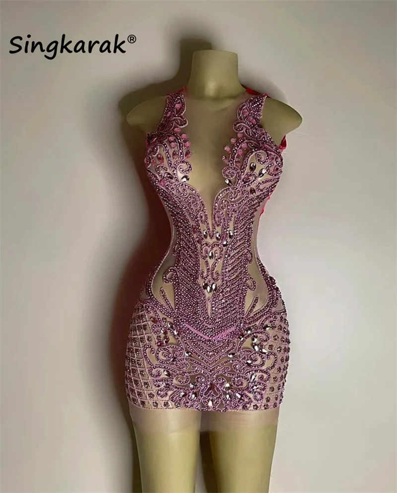 

New Arrival Sparkly Pink Rhinestones Sexy Short Prom Dress 2023 Beads Crystal Velvet Birthday Party Coctail Dress Robe De Bal