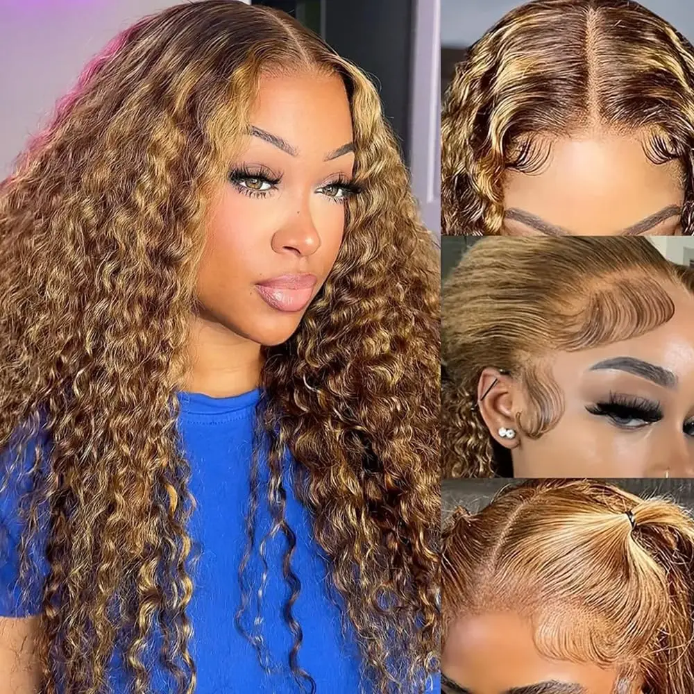Фото 427 Ombre Highlight Human Hair Wig Deep Wave 13x4 13x6 Парик фронтальной части шнурка 200% Плотность Предварительно выщипанный Ombre Медовый Блондин Коричневый Парик №3