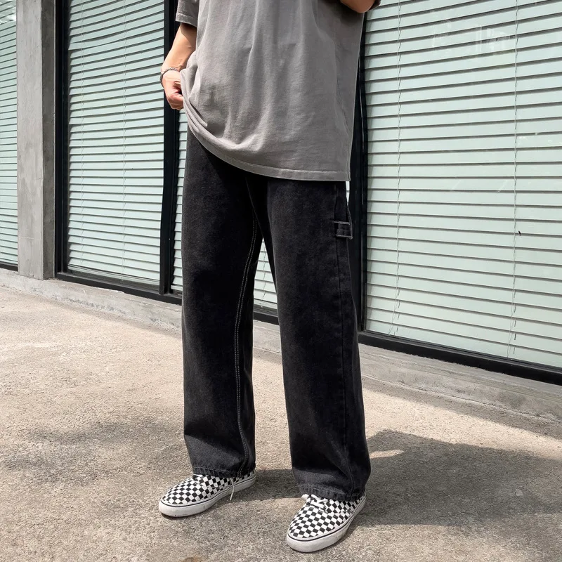 Wide legs Jeans Men Fashion Retro Solid Color Casual Straight Jean Pants Mens Streetwear Hip Hop Denim Pants Mens Trousers S-5XL