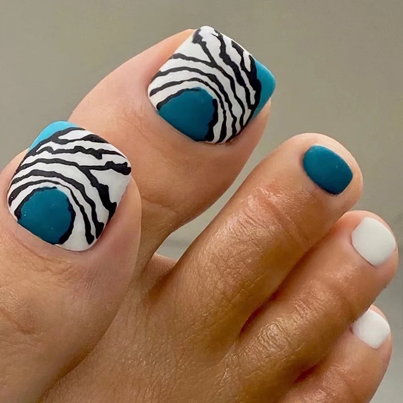 

False Toe Nails blue Simple Wearing Nail Art Pattern Removable Nail Stickers acrylic press ons 24psc for feet