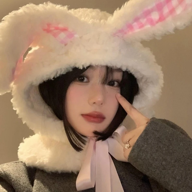 Белая шапка с кроличьими ушками для зимних видов спорта езды на велосипеде и