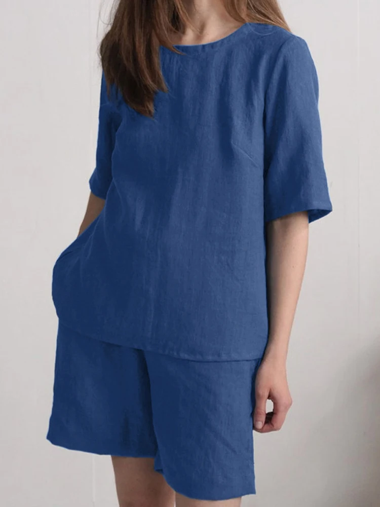

Women Casual Solid Cotton Homewear Suit Spring O Neck T-shirt Pullover With Elastic Waist Shorts Set Summer Short Sleeve Outfits