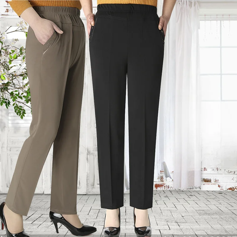 

Брюки женские эластичные с высокой талией, элегантные офисные модные однотонные повседневные Прямые штаны для женщин среднего возраста, Q307, весна-осень