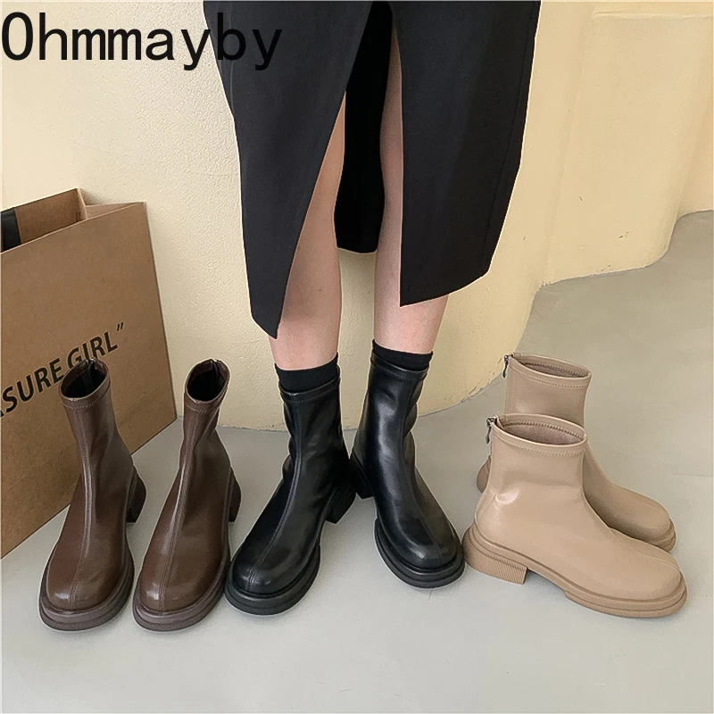 

New Women Chelsea Boots Woman Thick Sole Platform Flats Ankle Booties Zipper Fashion British Style Ladies Shoes botas femininas