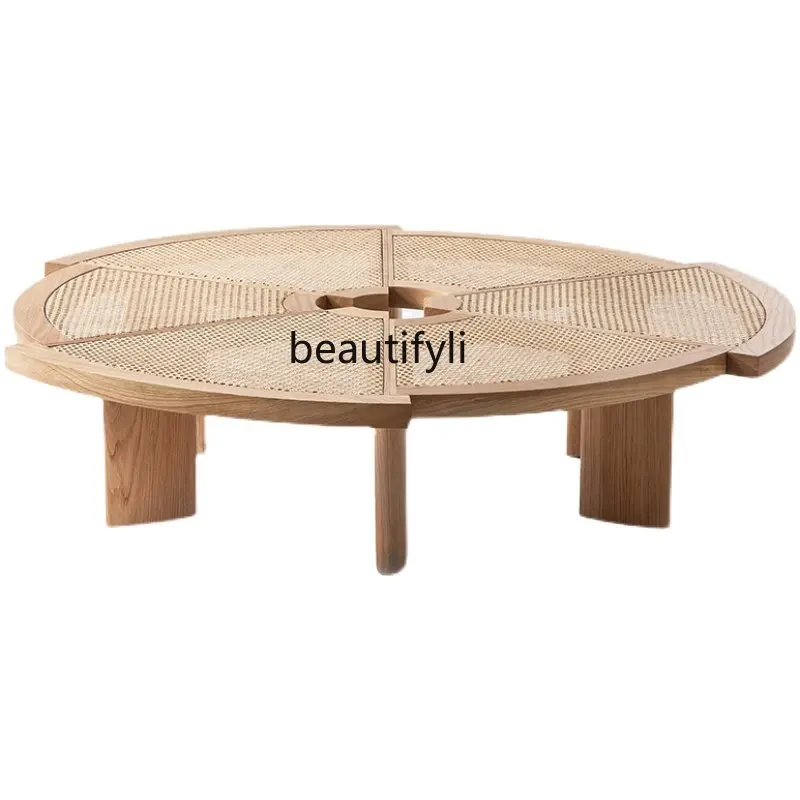

yj Japanese Style Coffee Table round Furniture Nordic Creative Solid Wood Leisure Rattan Side Table