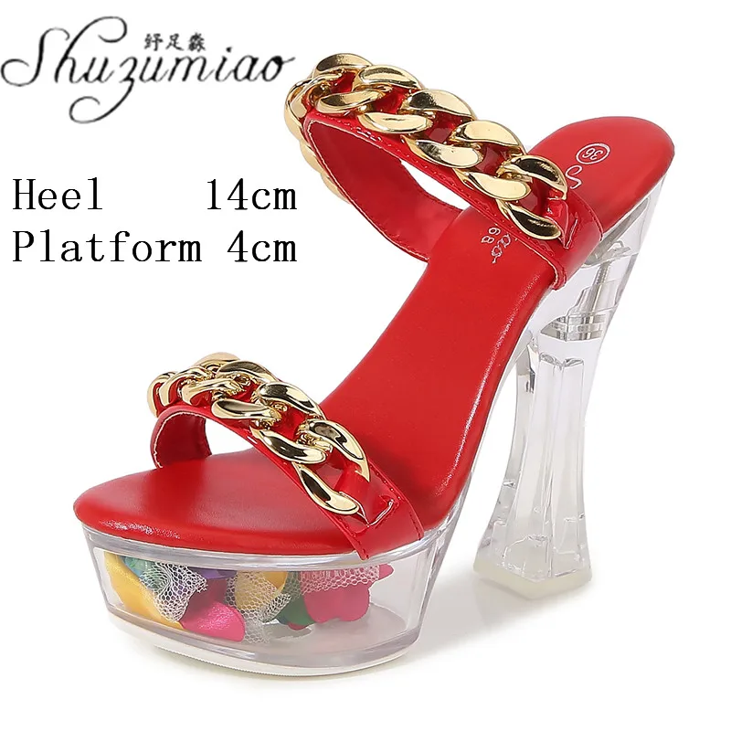 Party Club Metal Button Sandals 14CM Crystal Women's Shoes Clear Platform Super High Heel Glow Slippers Sexy Nightclub Flip Flop