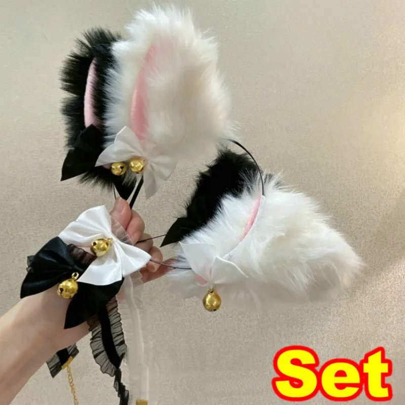 

Set Cat Ear Bow Headband Necklace Cosplay Rabbit Ear Plush Bell Hairband Women Girl Party Headwear Hair Accessories for Cosplay